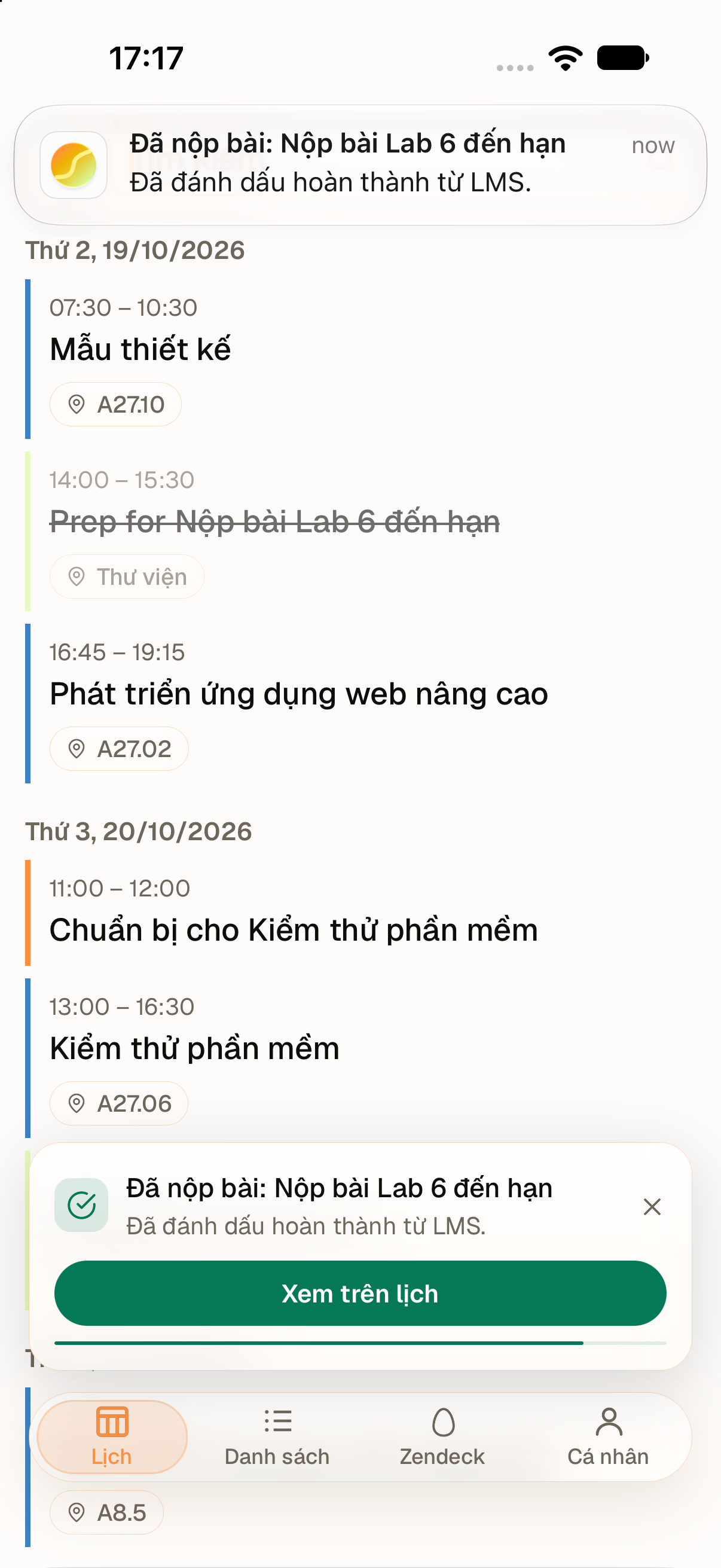 Thông báo đã nộp bài Lab 6 và buổi chuẩn bị được gạch bỏ