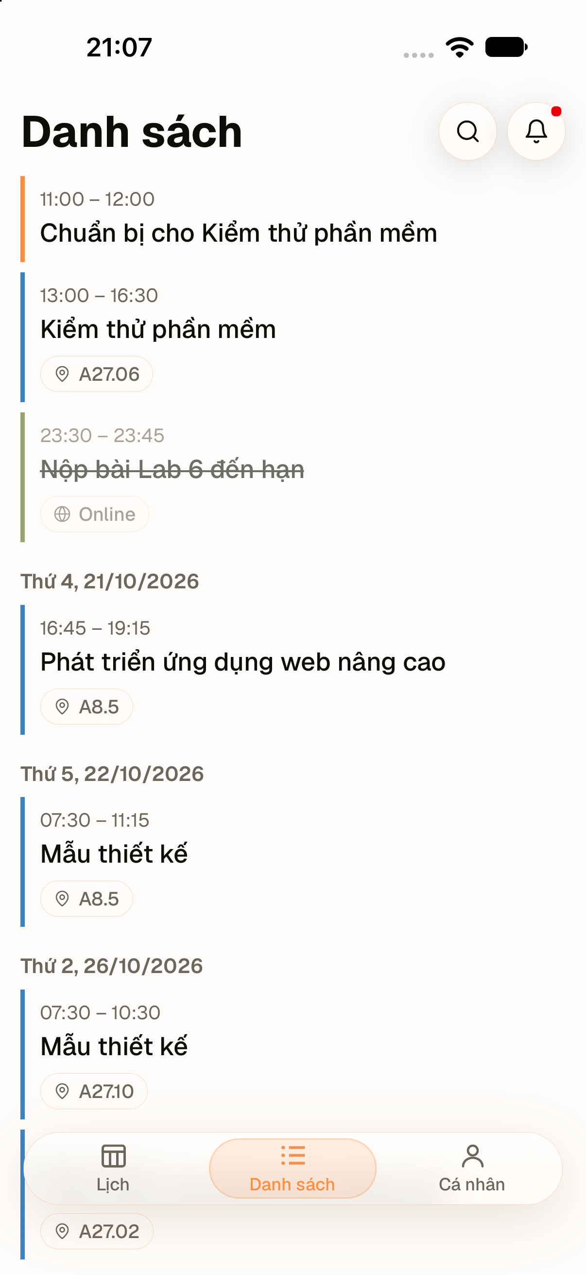 Danh sách buổi học và việc cần làm theo từng ngày