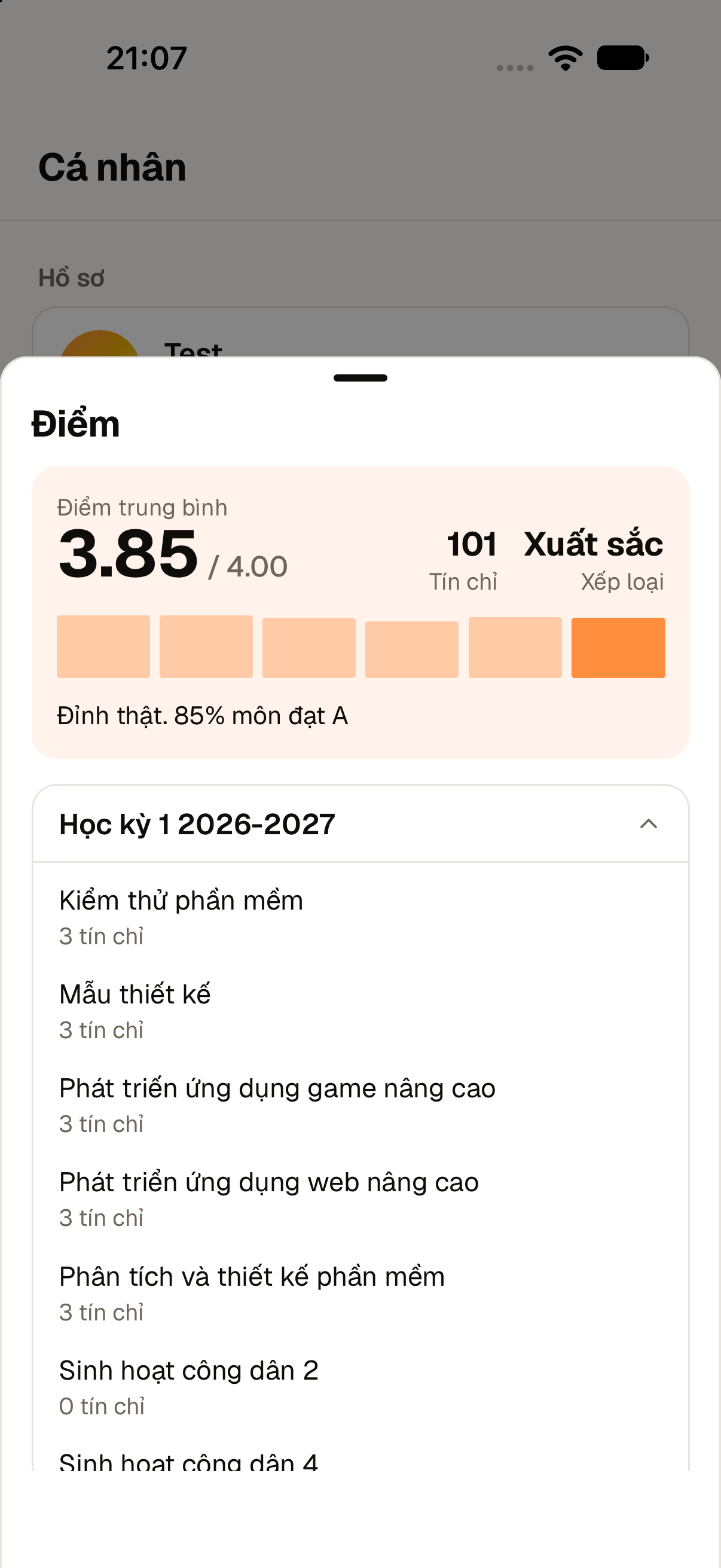 Bảng điểm trung bình 3.85 trên 4.00 và các môn học kỳ 1