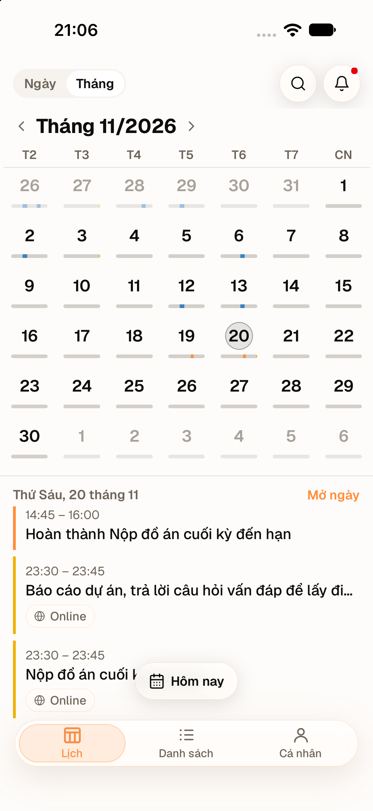 Lịch tháng 11 với các chấm màu theo loại buổi