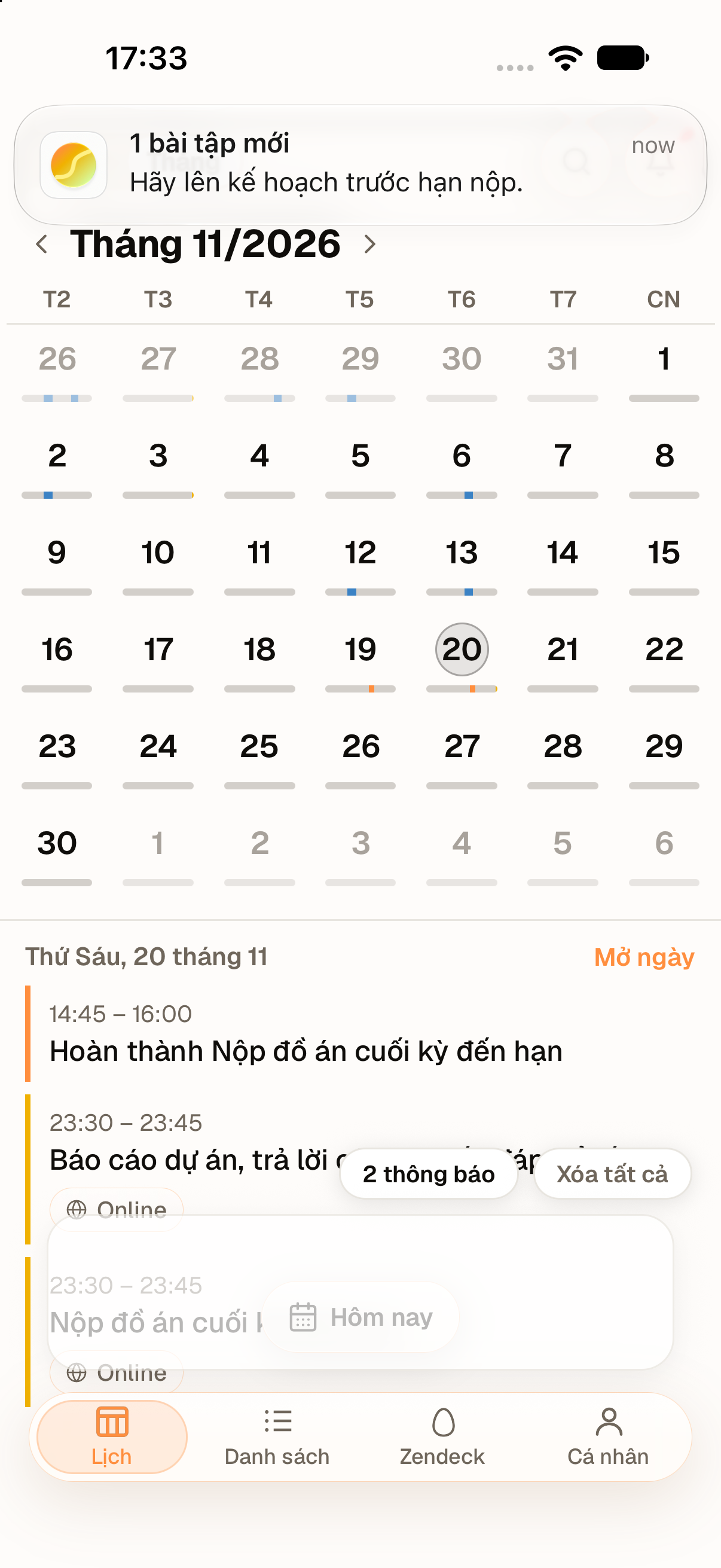 Thông báo nhắc lên kế hoạch cho bài nộp sắp đến hạn